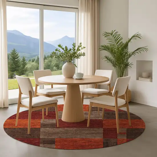 8' Chocolate Orange And Rust Geometric Washable Round Rug With UV Protection Photo 4