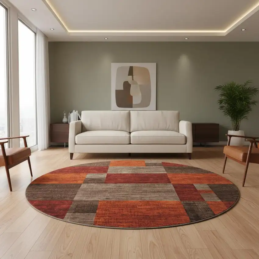 8' Chocolate Orange And Rust Geometric Washable Round Rug With UV Protection Photo 2