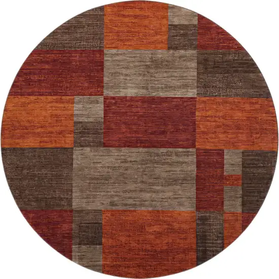 8' Chocolate Orange And Rust Geometric Washable Round Rug With UV Protection Photo 1