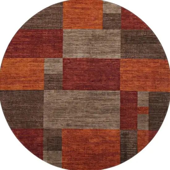 8' Chocolate Orange And Rust Geometric Washable Round Rug With UV Protection Photo 3