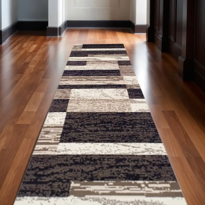 12' Black Brown And Beige Patchwork Runner Rug Photo 1