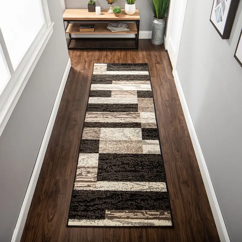 11' Chocolate Patchwork Power Loom Runner Rug Photo 6