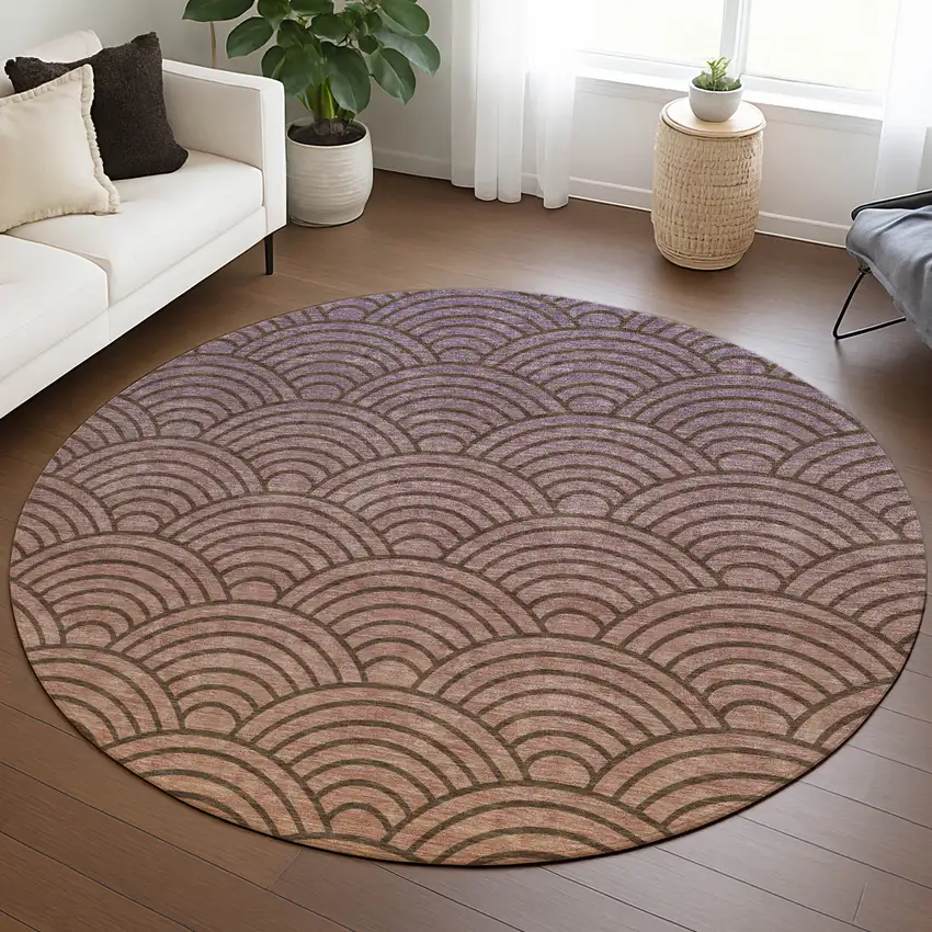 8' Chocolate Purple And Mauve Round Geometric Washable Indoor Outdoor Area Rug Photo 5