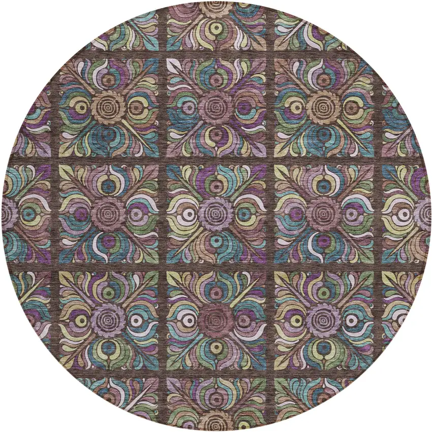 8' Chocolate Purple And Teal Blue Round Medallion Washable Indoor Outdoor Area Rug Photo 2