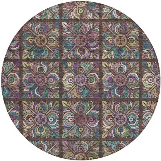 8' Chocolate Purple And Teal Blue Round Medallion Washable Indoor Outdoor Area Rug Photo 2