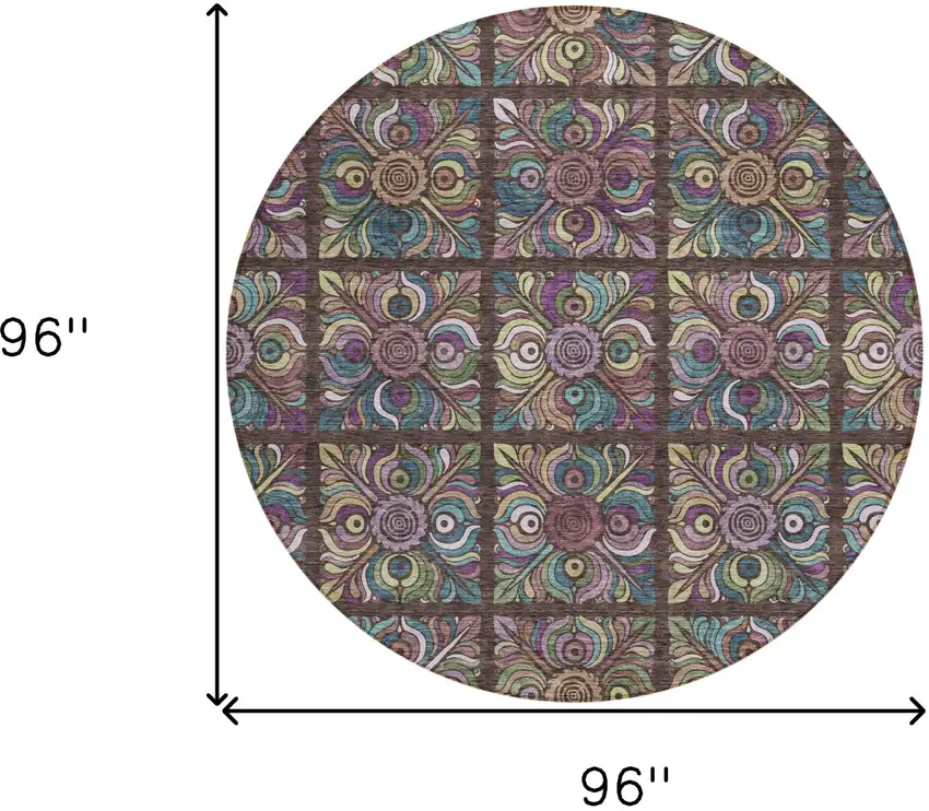 8' Chocolate Purple And Teal Blue Round Medallion Washable Indoor Outdoor Area Rug Photo 3