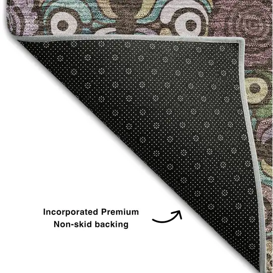 8' Chocolate Purple And Teal Medallion Washable Round Rug With UV Protection Photo 6