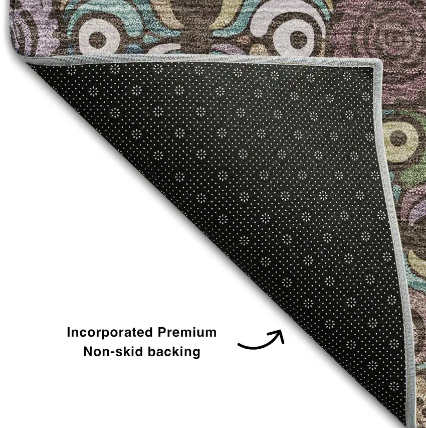 8' Chocolate Purple And Teal Medallion Washable Round Rug With UV Protection Photo 6