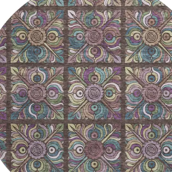 8' Chocolate Purple And Teal Medallion Washable Round Rug With UV Protection Photo 3