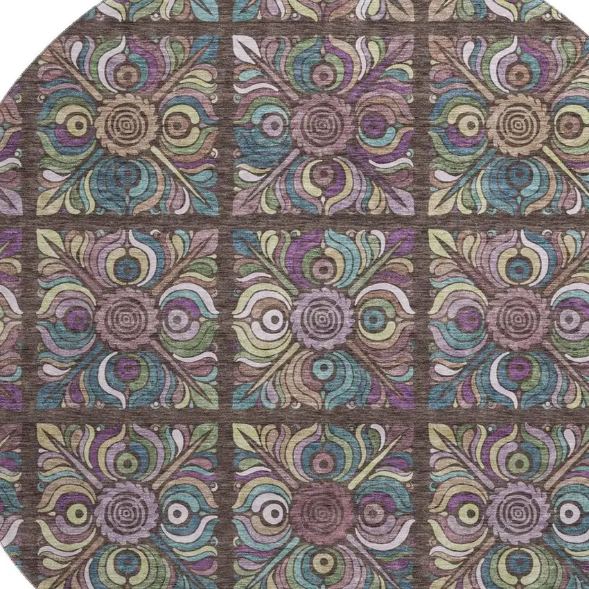8' Chocolate Purple And Teal Medallion Washable Round Rug With UV Protection Photo 3
