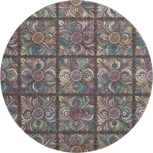 Photo of 8' Chocolate Purple And Teal Medallion Washable Round Rug With UV Protection