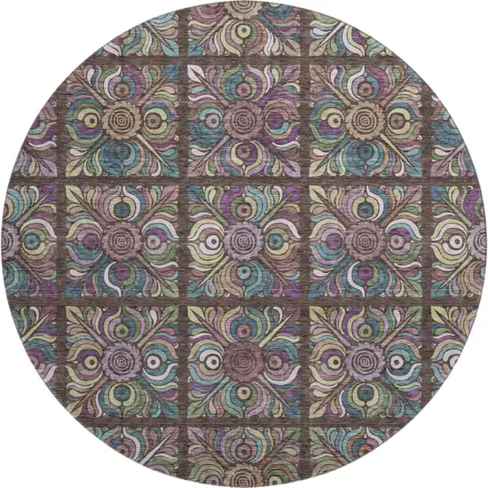 8' Chocolate Purple And Teal Medallion Washable Round Rug With UV Protection Photo 1