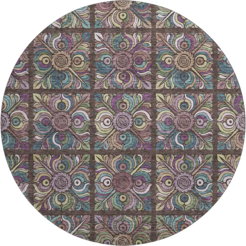 8' Chocolate Purple And Teal Medallion Washable Round Rug With UV Protection Photo 1