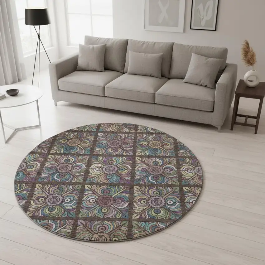 8' Chocolate Purple And Teal Medallion Washable Round Rug With UV Protection Photo 2