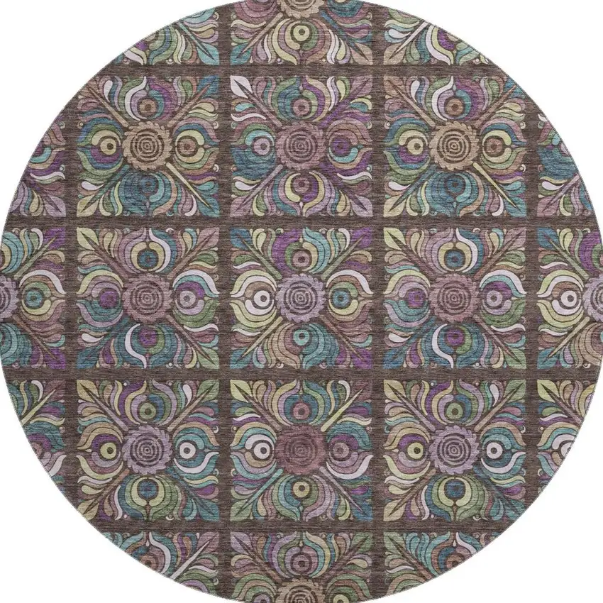 8' Chocolate Purple And Teal Medallion Washable Round Rug With UV Protection Photo 4