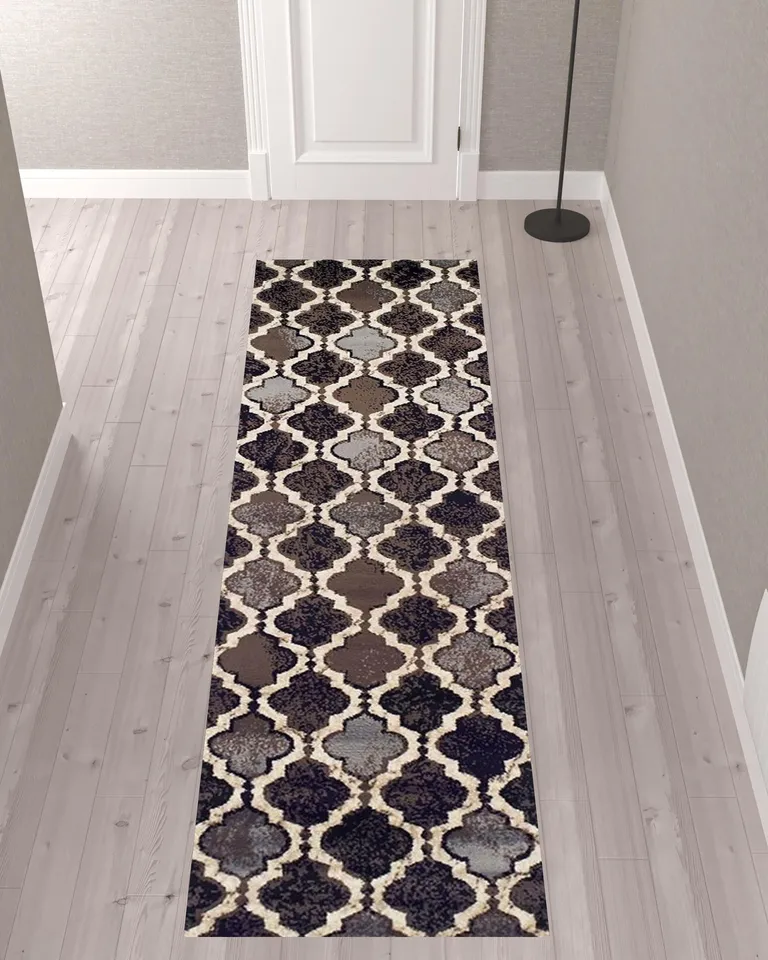 10' Chocolate Quatrefoil Power Loom Distressed Stain Resistant Runner Rug Photo 2