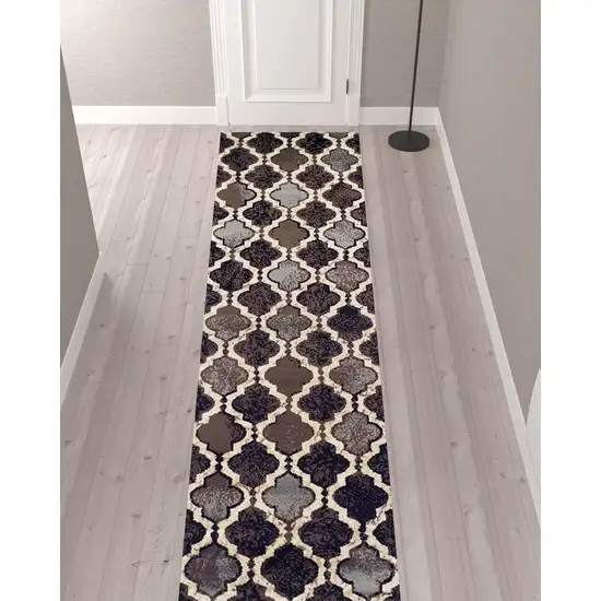12' Chocolate Quatrefoil Power Loom Distressed Stain Resistant Runner Rug Photo 2