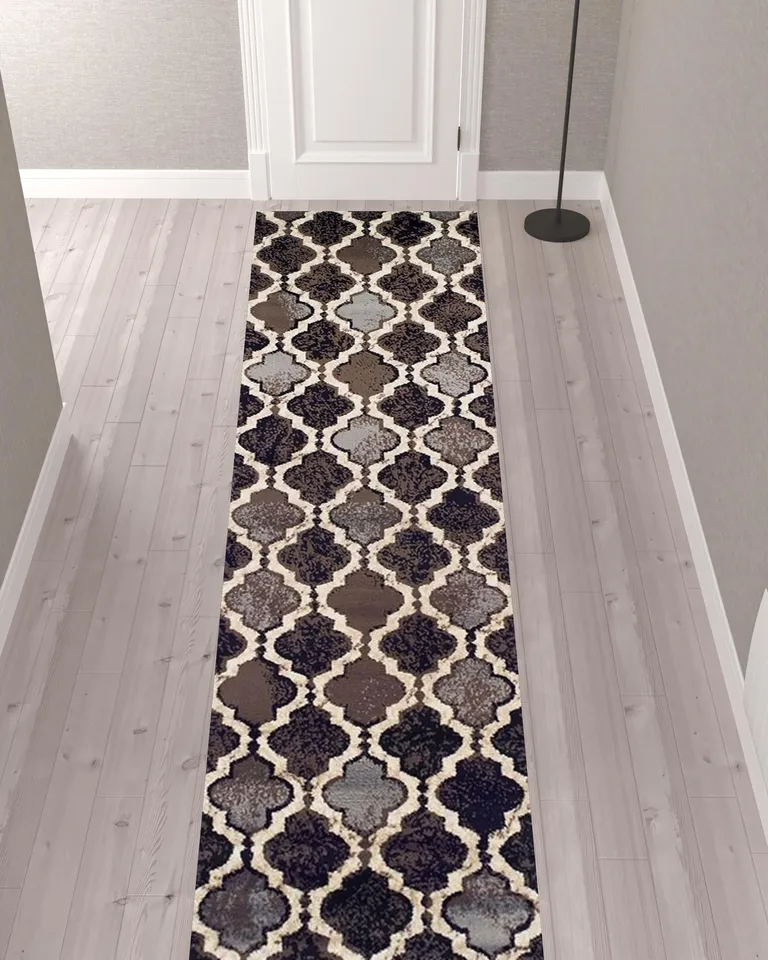 12' Chocolate Quatrefoil Power Loom Distressed Stain Resistant Runner Rug Photo 2