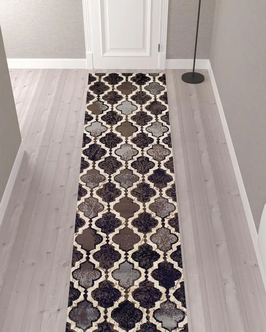 12' Chocolate Quatrefoil Power Loom Distressed Stain Resistant Runner Rug Photo 2