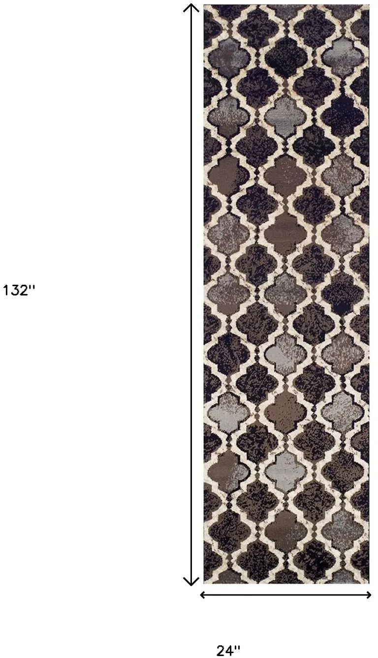 11' Chocolate Quatrefoil Power Loom Distressed Stain Resistant Runner Rug Photo 5