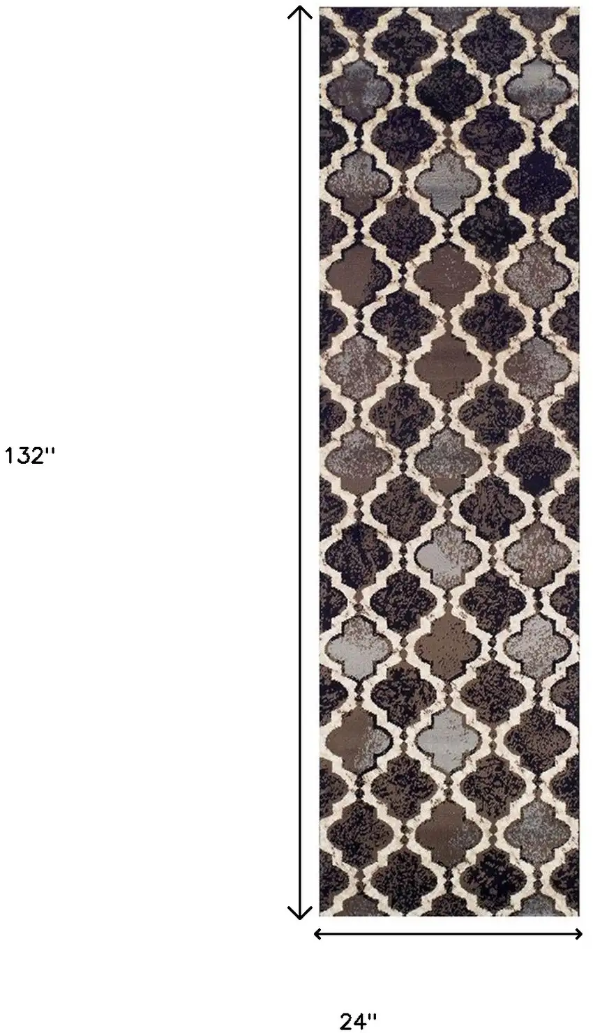 11' Chocolate Quatrefoil Power Loom Distressed Stain Resistant Runner Rug Photo 6