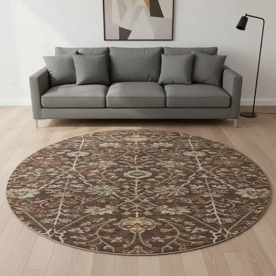 8' Chocolate Red And Copper Floral Washable Round Rug With UV Protection Photo 2
