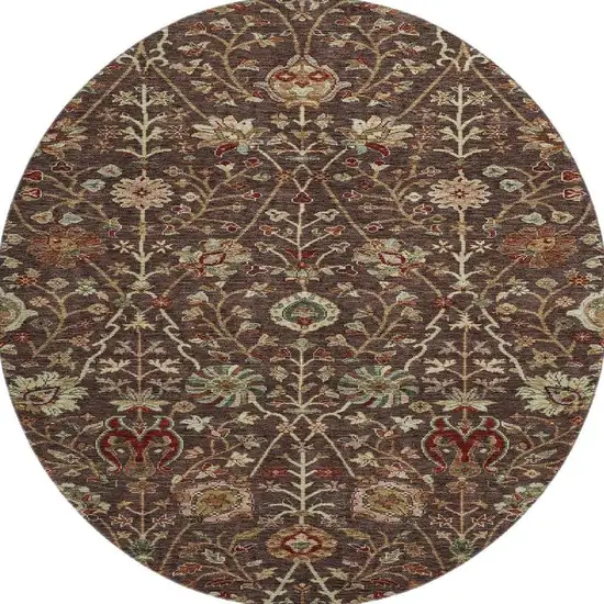 8' Chocolate Red And Copper Floral Washable Round Rug With UV Protection Photo 3