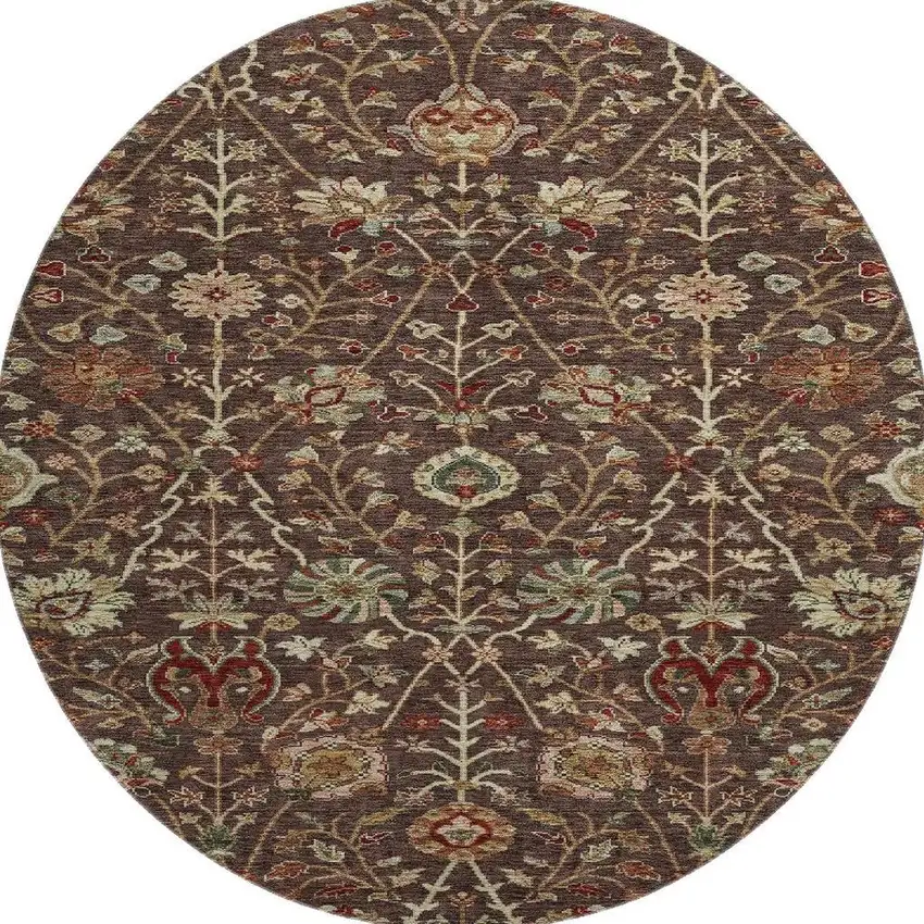8' Chocolate Red And Copper Floral Washable Round Rug With UV Protection Photo 3