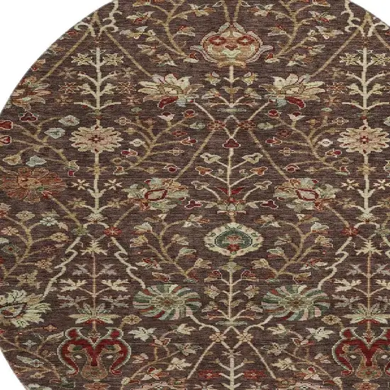 8' Chocolate Red And Copper Floral Washable Round Rug With UV Protection Photo 2