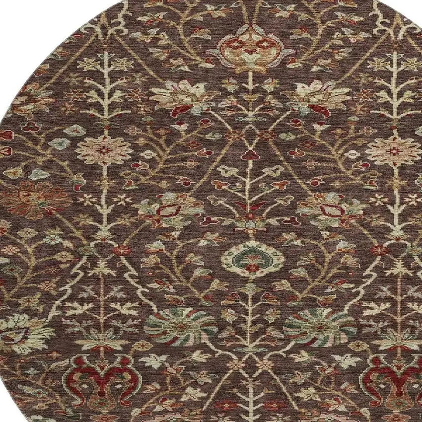8' Chocolate Red And Copper Floral Washable Round Rug With UV Protection Photo 2