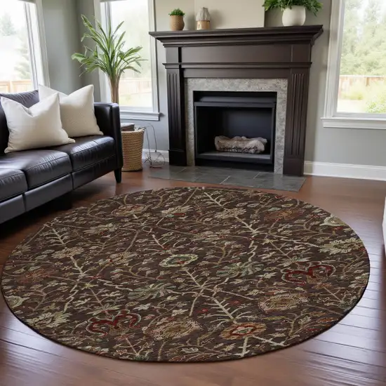 8' Chocolate Red And Copper Floral Washable Round Rug With UV Protection Photo 4