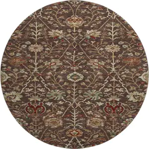 Photo of 8' Chocolate Red And Copper Floral Washable Round Rug With UV Protection
