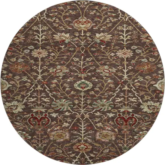 8' Chocolate Red And Copper Floral Washable Round Rug With UV Protection Photo 1
