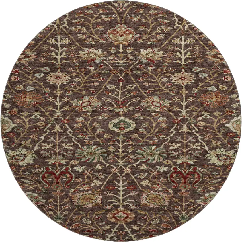 8' Chocolate Red And Copper Floral Washable Round Rug With UV Protection Photo 1