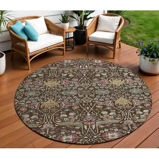 8' Chocolate Red And Gold Round Floral Washable Indoor Outdoor Area Rug Photo 1
