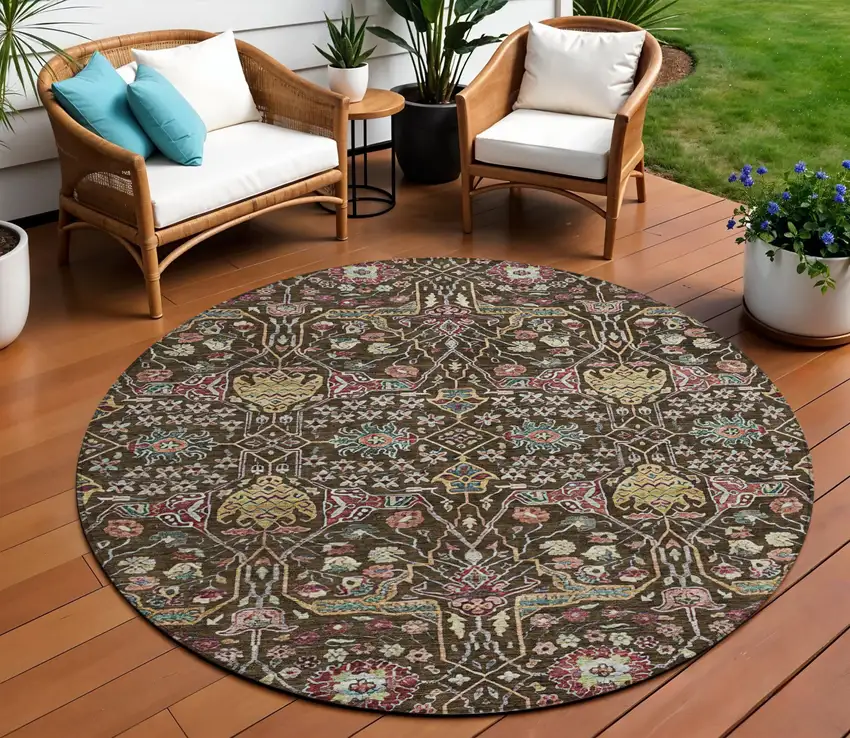 8' Chocolate Red And Gold Round Floral Washable Indoor Outdoor Area Rug Photo 1