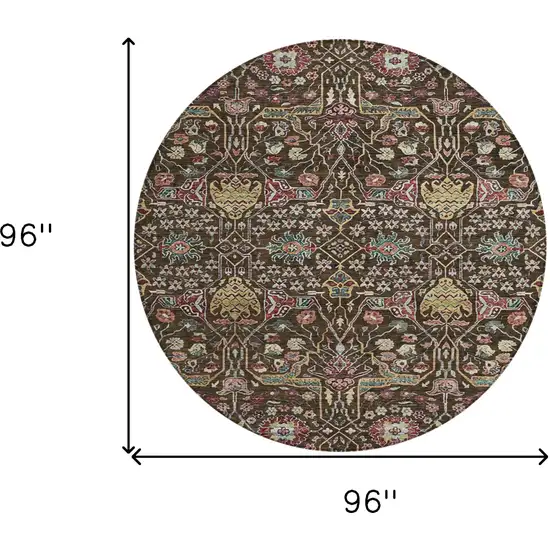 8' Chocolate Red And Gold Round Floral Washable Indoor Outdoor Area Rug Photo 8