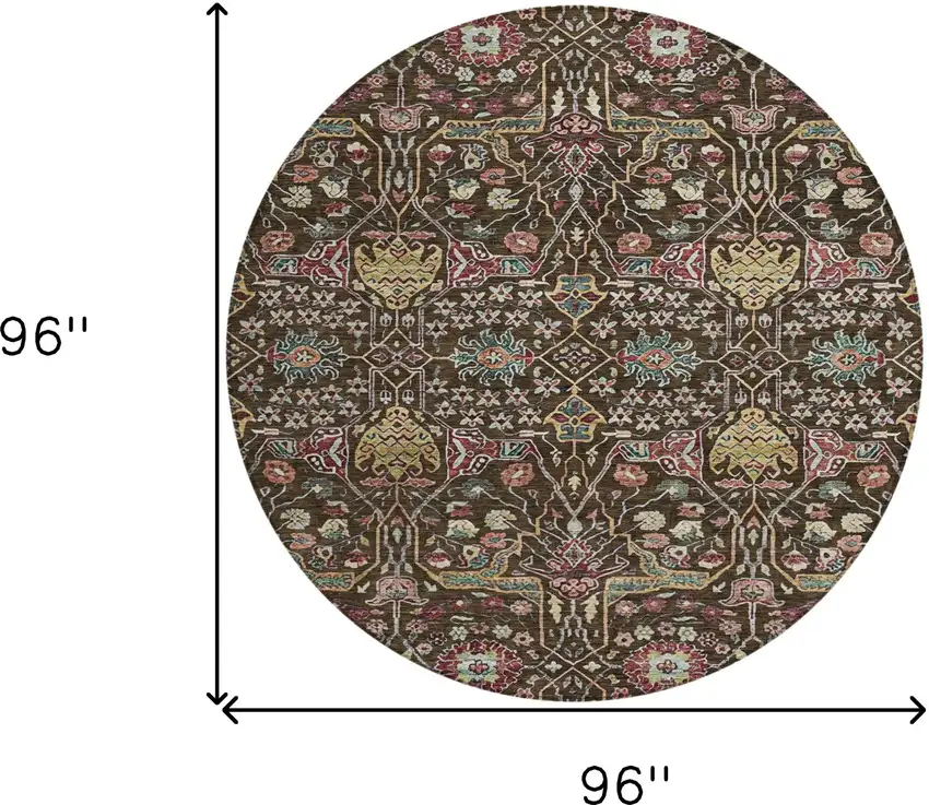 8' Chocolate Red And Gold Round Floral Washable Indoor Outdoor Area Rug Photo 8