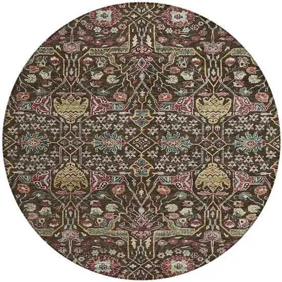 8' Chocolate Red And Gold Round Floral Washable Indoor Outdoor Area Rug Photo 6