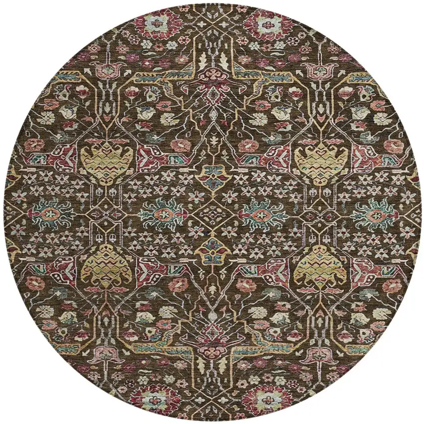 8' Chocolate Red And Gold Round Floral Washable Indoor Outdoor Area Rug Photo 6