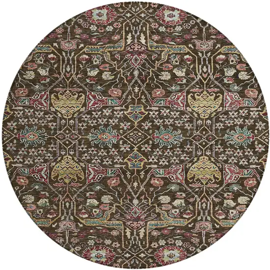 8' Chocolate Red And Gold Round Floral Washable Indoor Outdoor Area Rug Photo 2