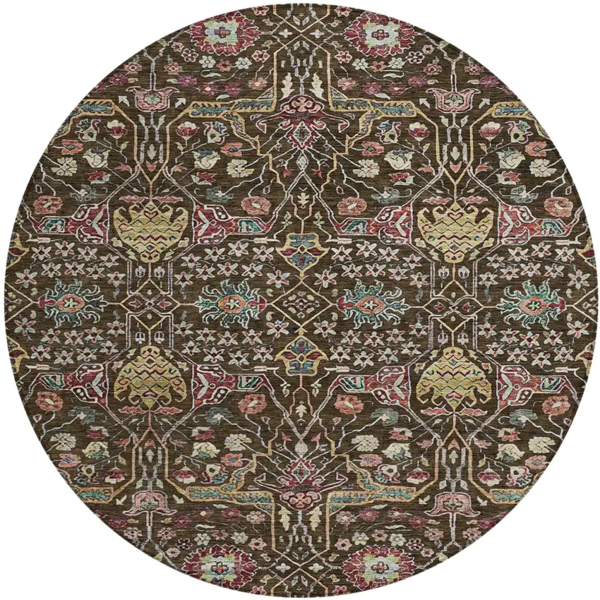 8' Chocolate Red And Gold Round Floral Washable Indoor Outdoor Area Rug Photo 2