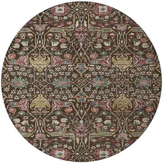 8' Chocolate Red And Gold Round Floral Washable Indoor Outdoor Area Rug Photo 7