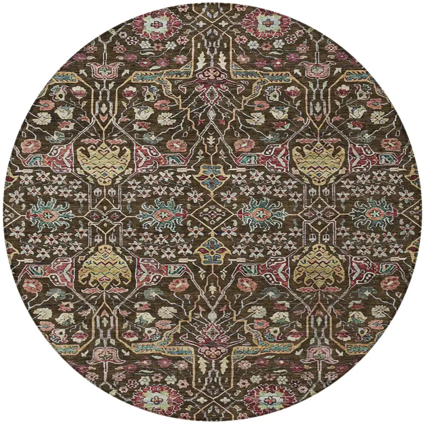 8' Chocolate Red And Gold Round Floral Washable Indoor Outdoor Area Rug Photo 7