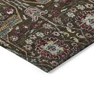Photo of 8' Chocolate Red And Gold Round Floral Washable Indoor Outdoor Area Rug