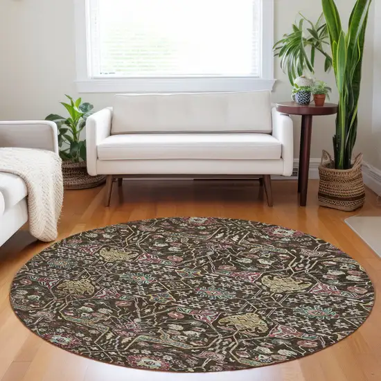 8' Chocolate Red And Gold Round Floral Washable Indoor Outdoor Area Rug Photo 9