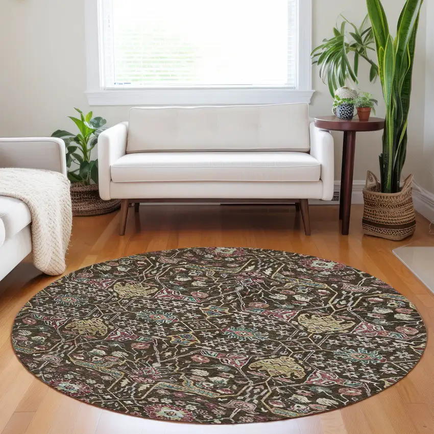 8' Chocolate Red And Gold Round Floral Washable Indoor Outdoor Area Rug Photo 9