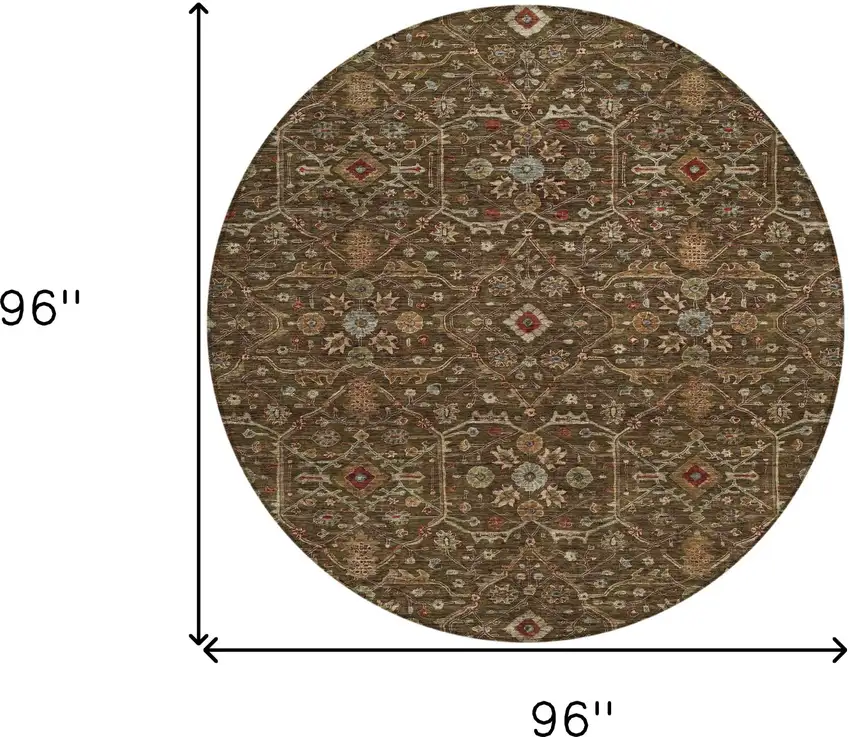 8' Chocolate Red And Green Round Floral Washable Indoor Outdoor Area Rug Photo 8