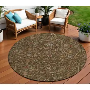 Photo of 8' Chocolate Red And Green Round Floral Washable Indoor Outdoor Area Rug
