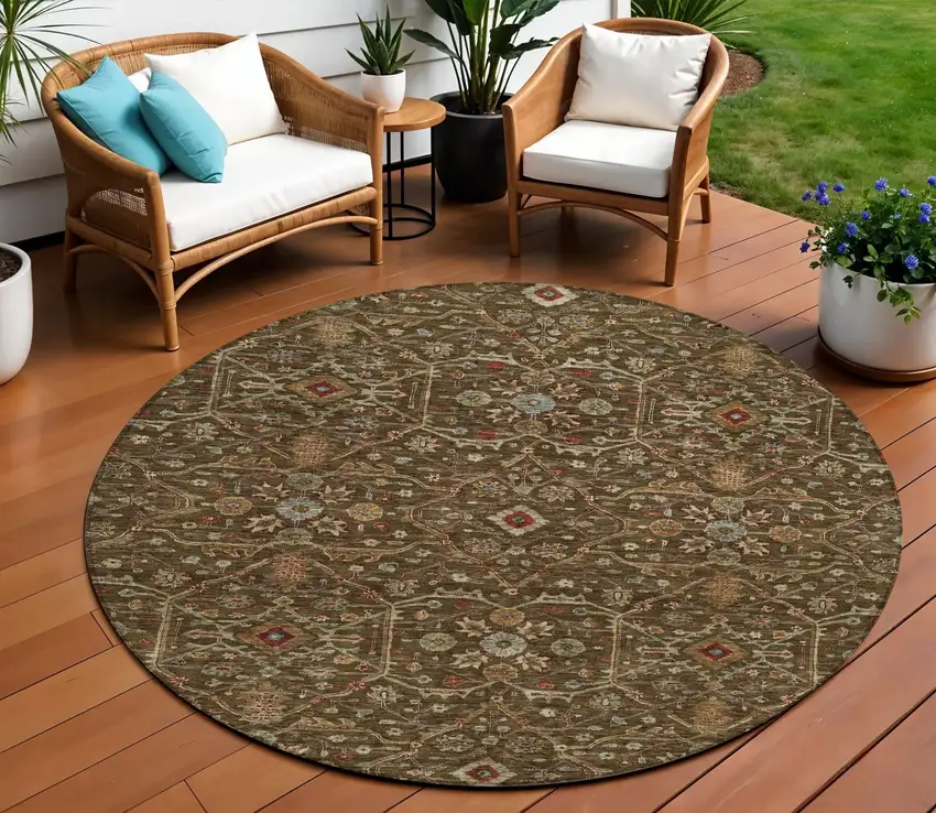 8' Chocolate Red And Green Round Floral Washable Indoor Outdoor Area Rug Photo 1